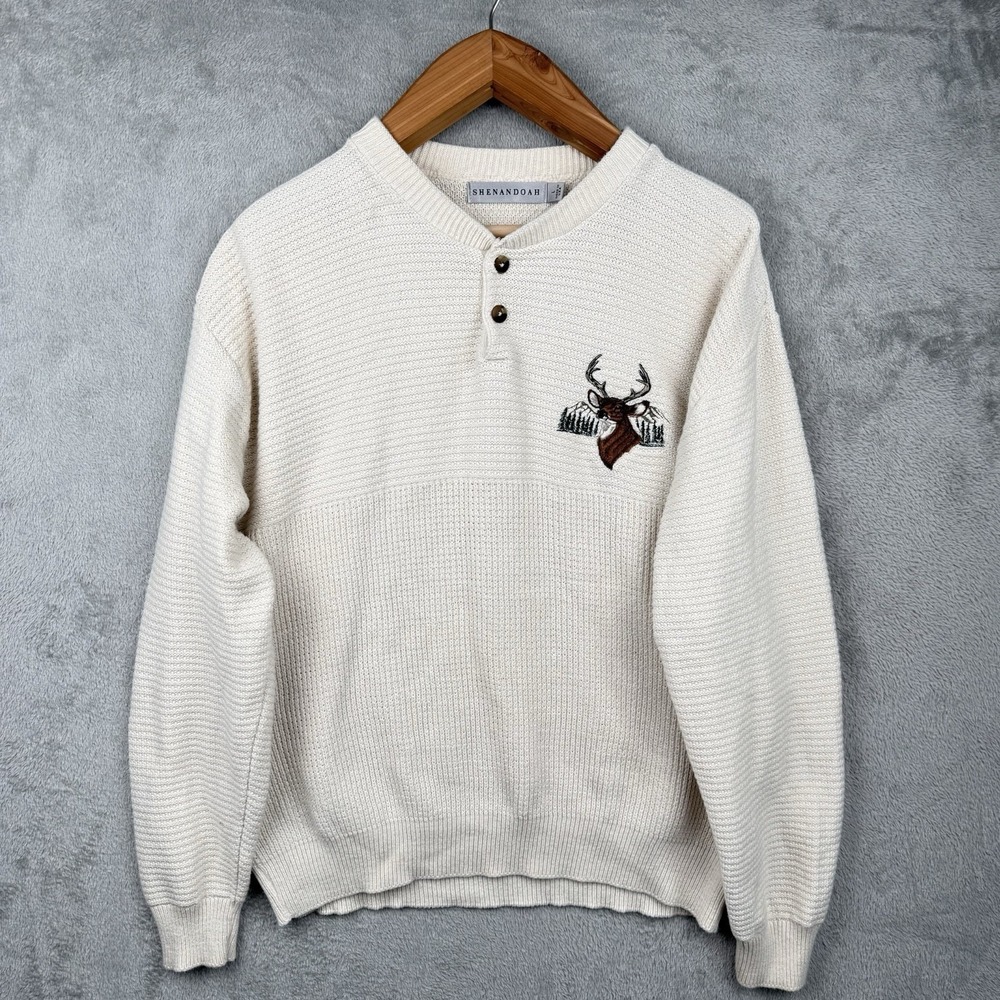 Shenandoah Knit Deer Buck Henley Sweater Size L USA Made Vintage 90s‎ Outdoors